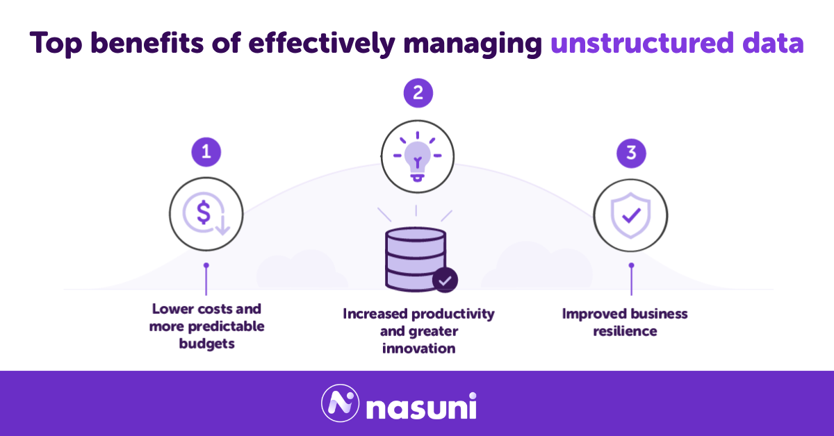 Image that shows the top three benefits of effectively managing unstructured data: lower costs and more predictable budgets, increased productivity and greater innovation, and improved business resilience.